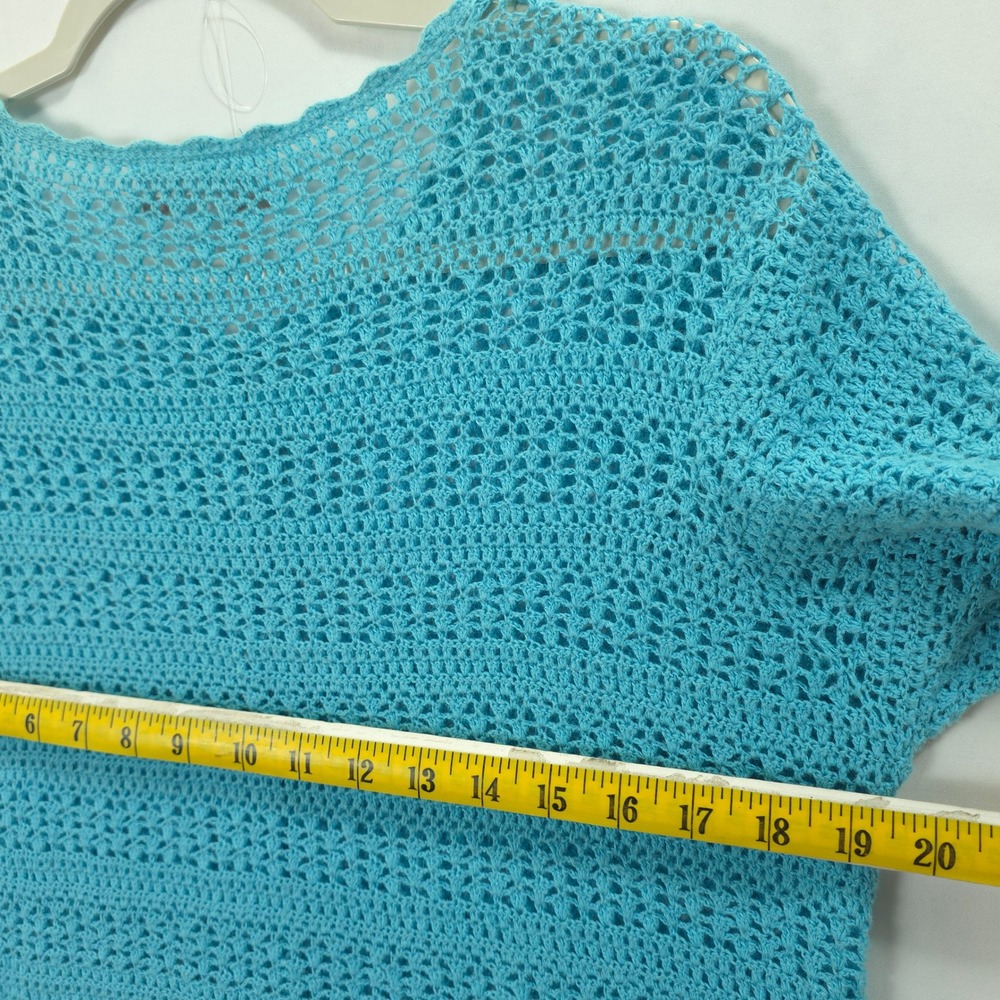 Turquoise Blue Crochet Cardigan Button Front Layering M Short Sleeve Cottagecore - Picture 7 of 10